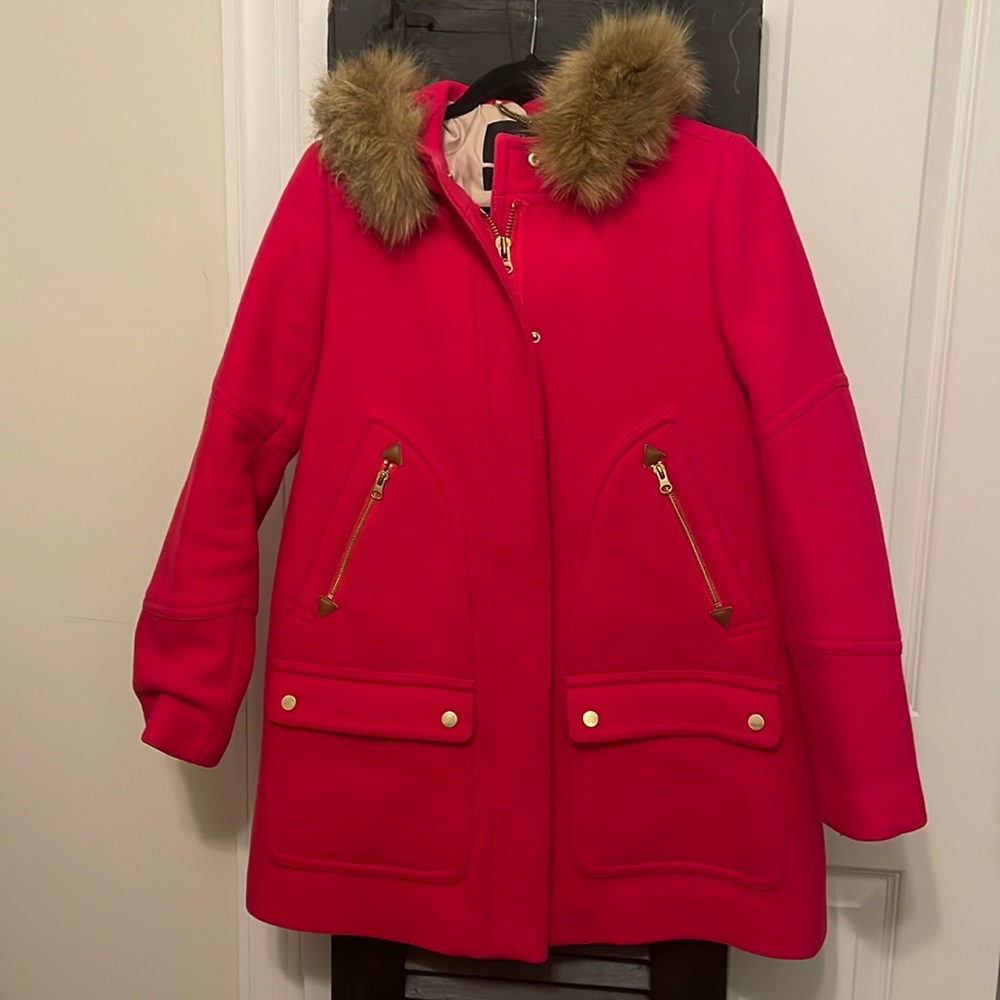 J Crew Stadium Peacoat with fur hood.  Silk lined and 80% wool